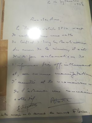 Le message signé Edouard Depreux et Robert Verdier annonçant à Michel Rocard la création du PSA le 14 septembre 1958