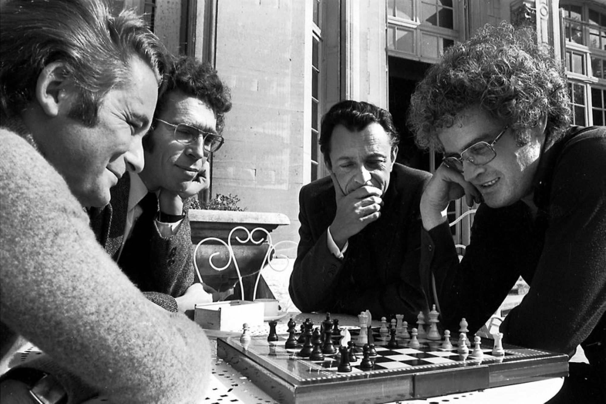 André Laignel, Pierre Joxe, Michel Rocard et Lionel Jospin en marge d'une réunion du bureau exécutif du PS en 1975 (c) Pascal Lebrun